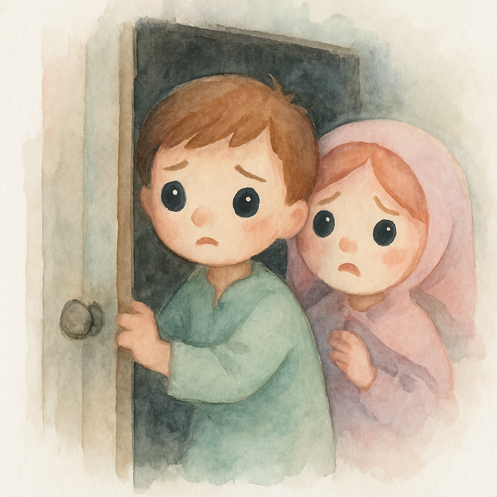 할머니의 집에 갇혀 무서워하는 남매와 창문으로 날아온 새